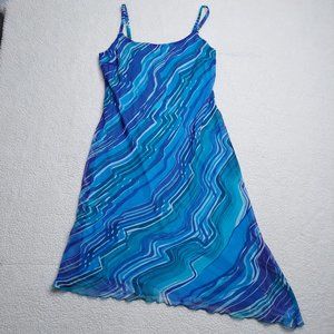 90s Megan Matthews Blue Wavy Mesh Asymmetrical Dress  Medium Lettuce Hem